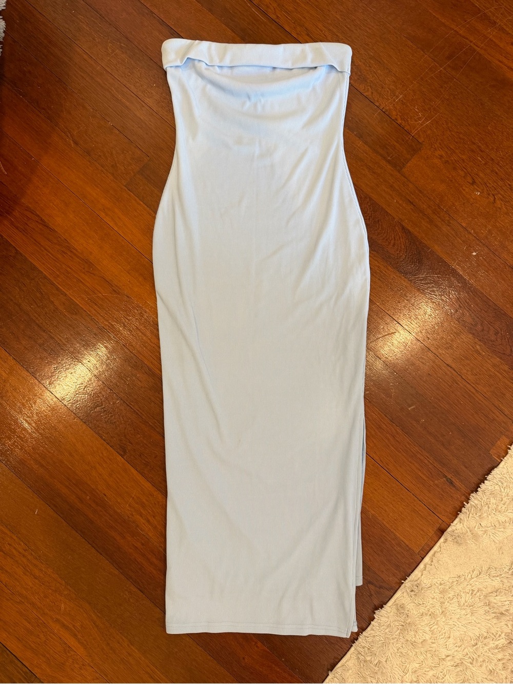 Strapless Light Blue Midi Dress — Sleek Fitted Silhouette